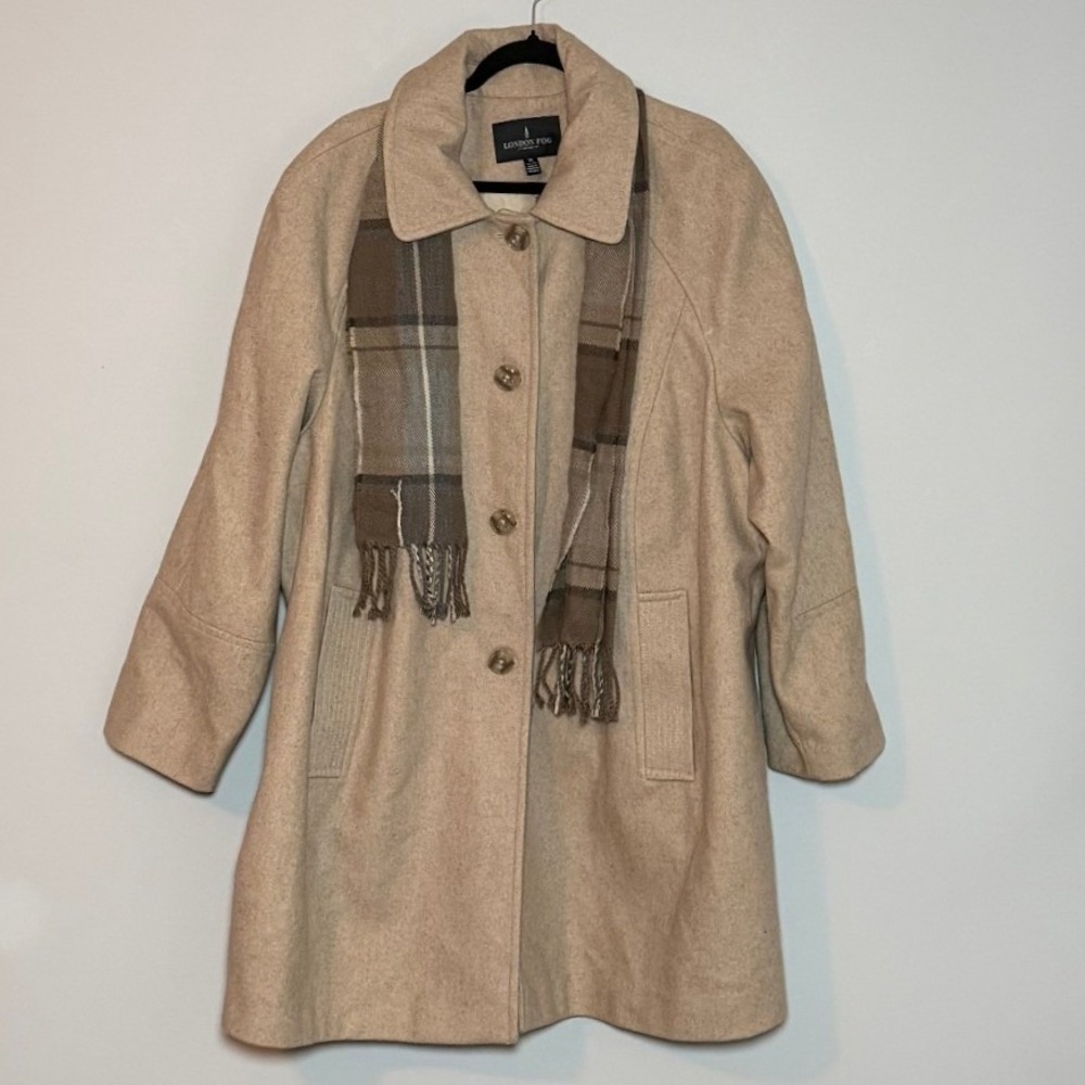 London Fog Womens 3X Oatmeal Beige Wool Blend Car Coat Plaid Scarf Plus Size